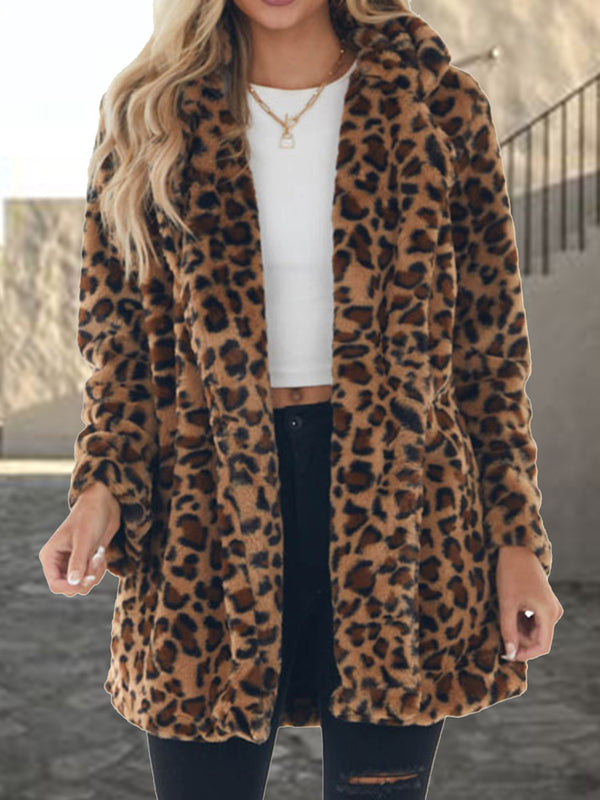 Leopard Collared Neck Coat with Pockets - Lilixa.store