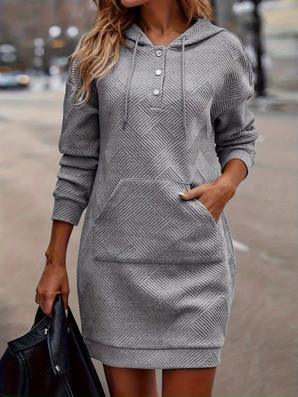 Casual Textured Hooded Sweatshirt Dress - Lilixa.store