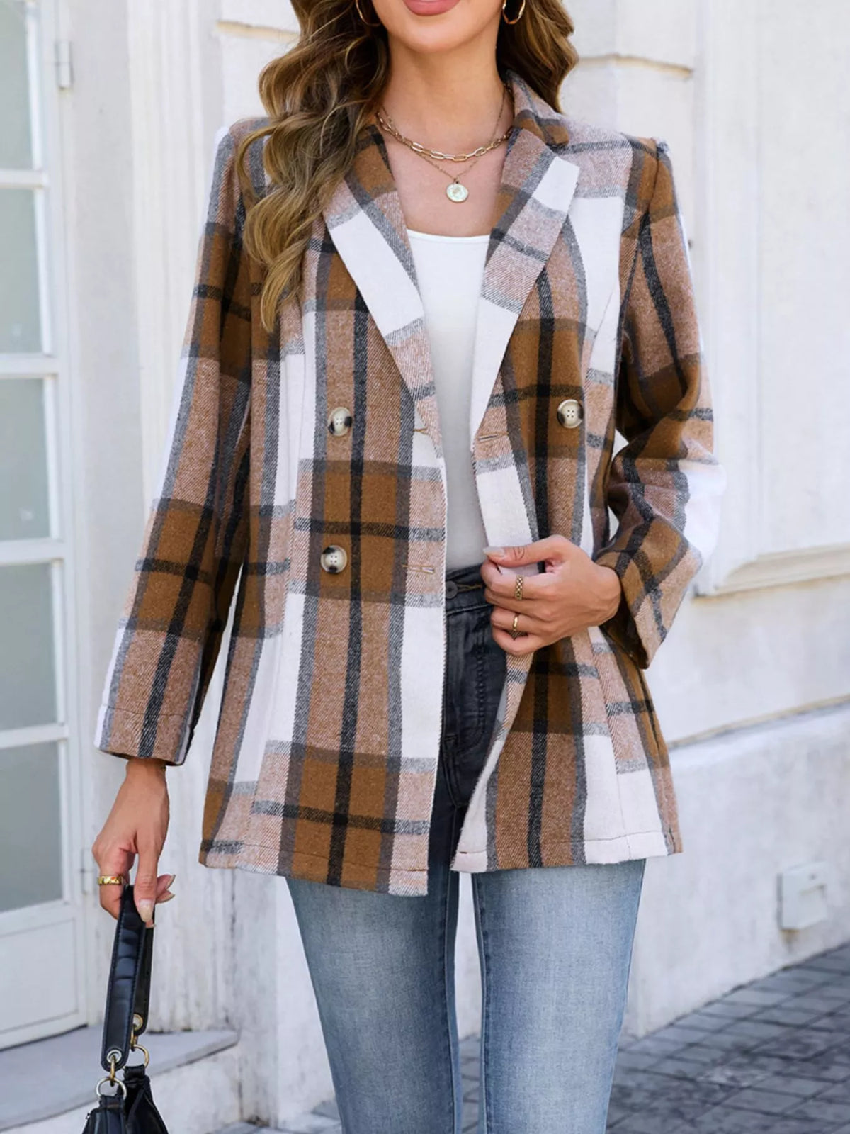 Plaid Double-Breasted Blazer - Lilixa.store