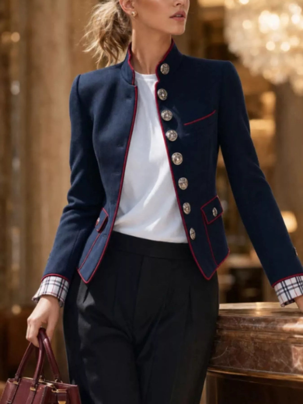 Military-Inspired Stand Collar Jacket with Red Piping in Dark Navy, view 2