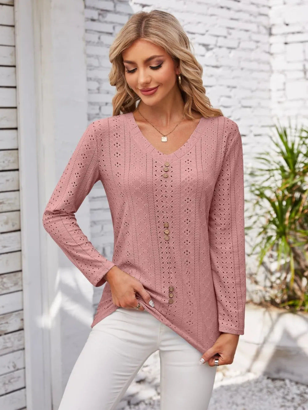 Decorative Button Openwork V-Neck T-Shirt - Lilixa.store