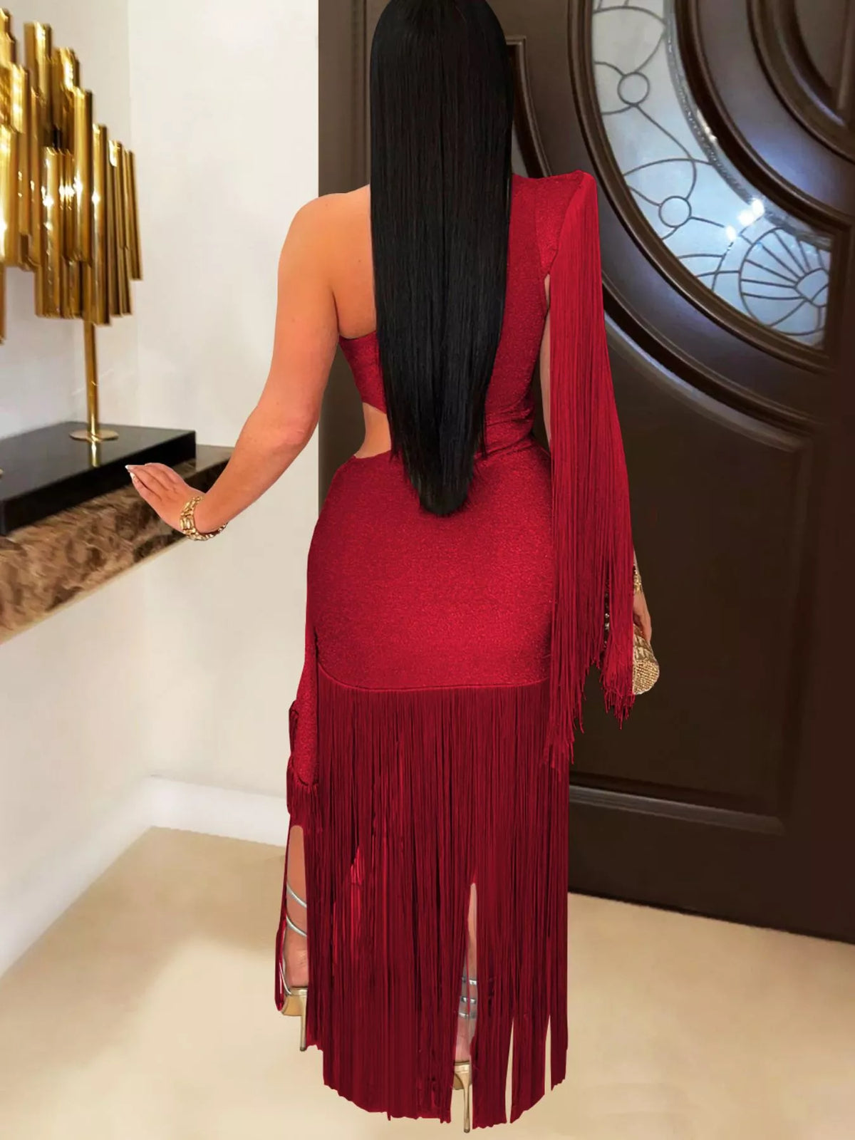 One-Shoulder Cutout Fringe Bodycon Party Dress, view 2