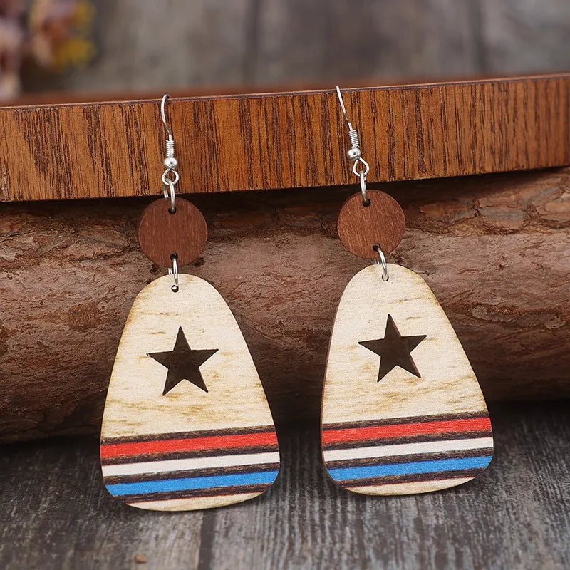 Cutout Star & Stripes Wooden Dangle Earrings - Lilixa.store