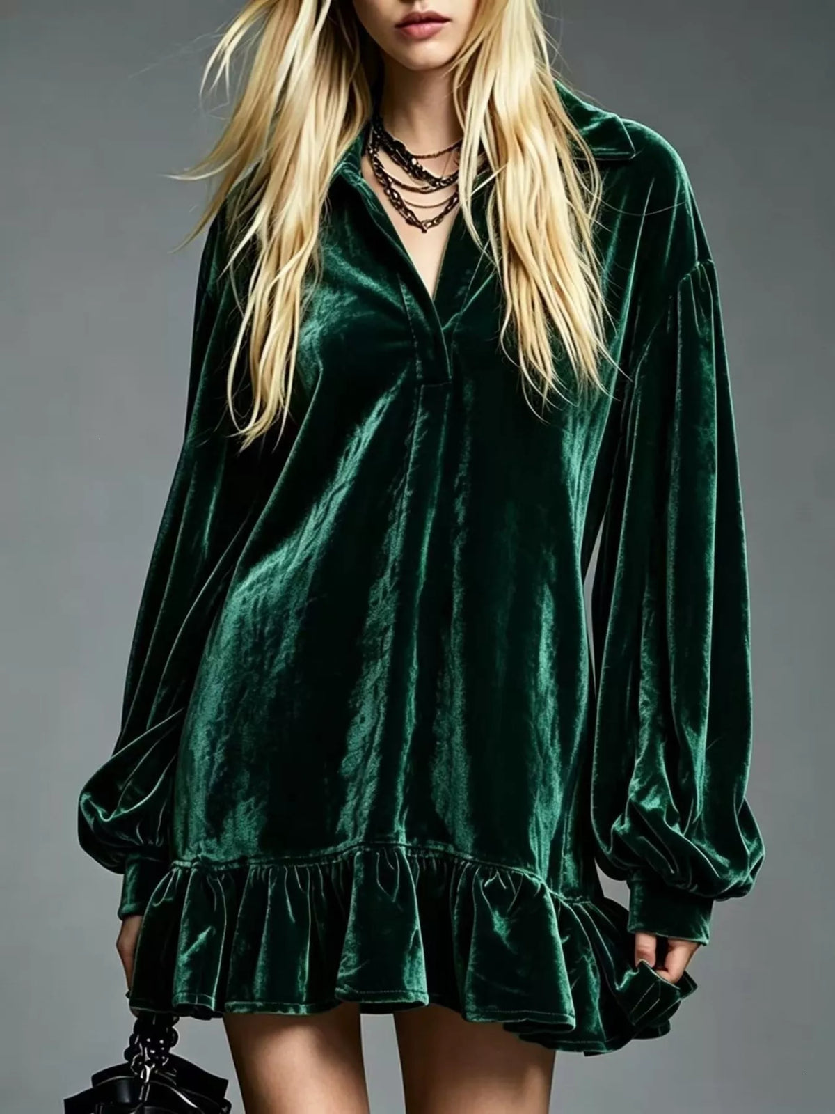 Full Size Velvet Long-Sleeve Ruffle Hem Mini Dress Plus Size