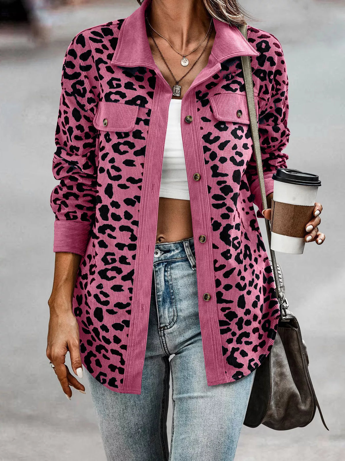Full Size Leopard Print Button-Down Jacket Plus Size in Rose Red