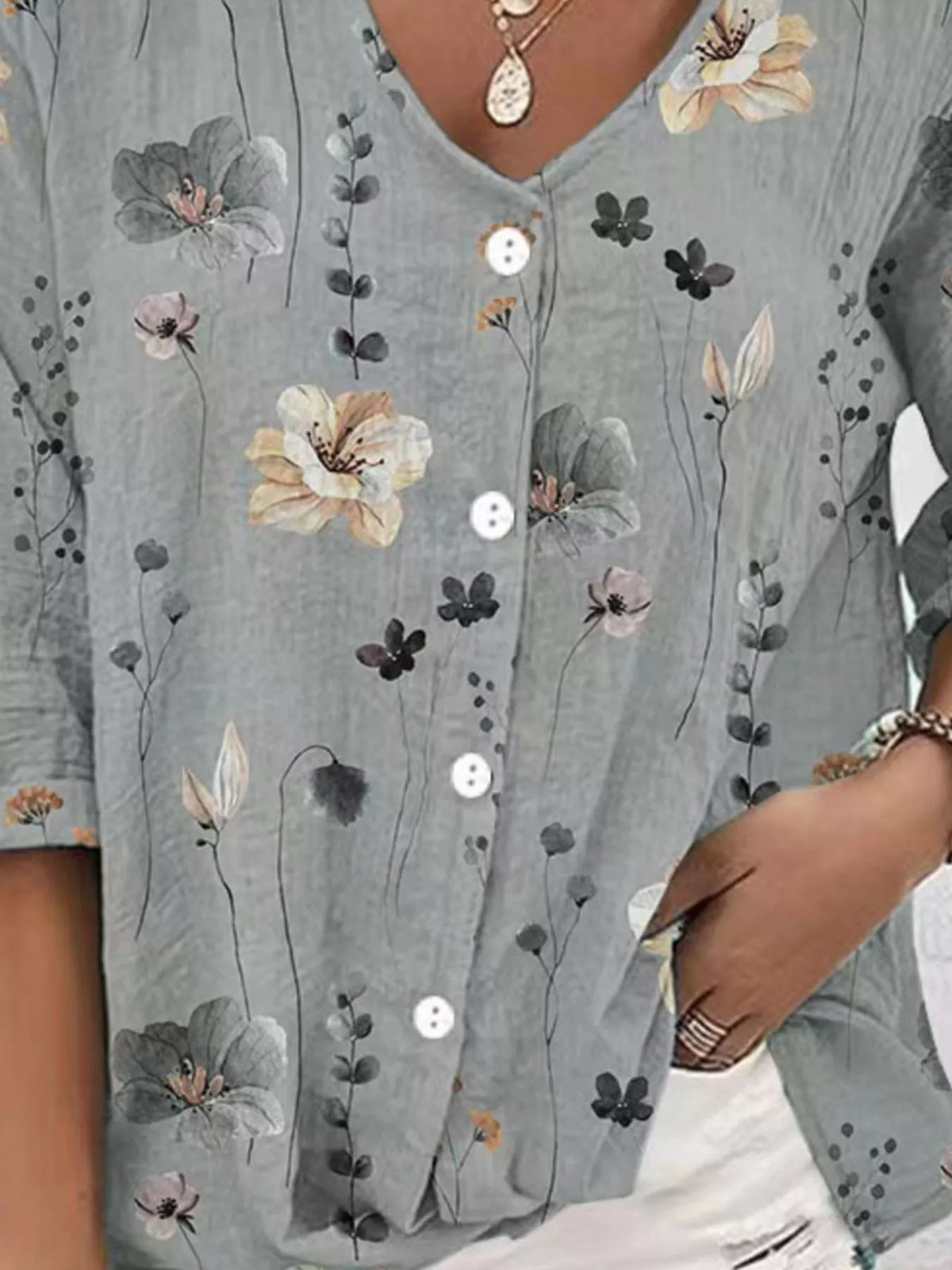 Floral Print V-Neck Button-Down Shirt - Lilixa.store