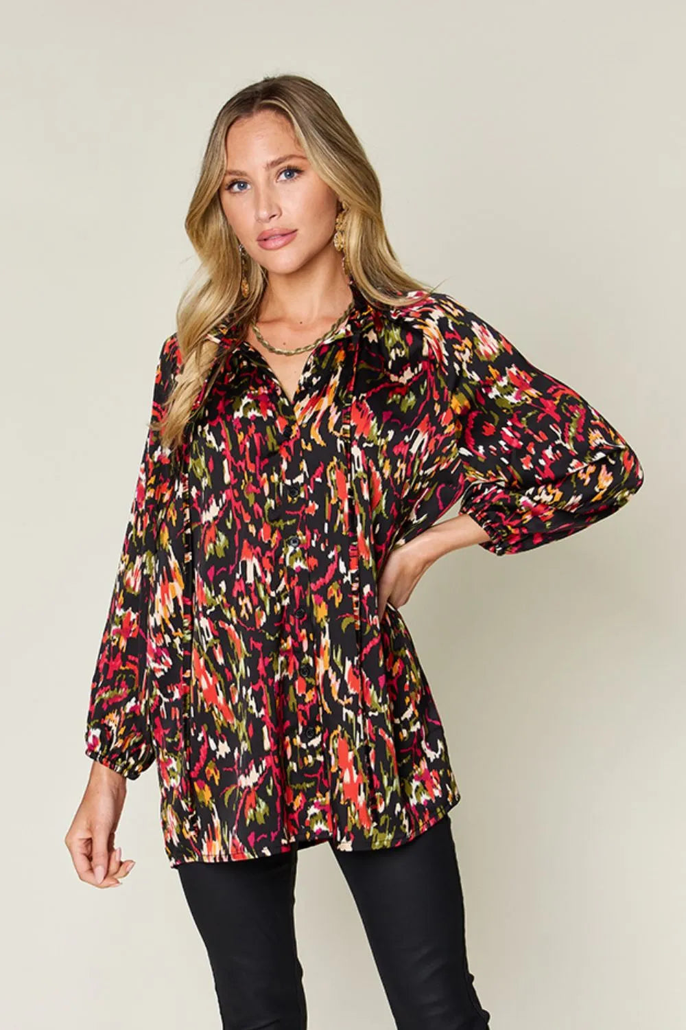 Double Take Full Size Printed Button Up Long Sleeve Shirt - Lilixa.store