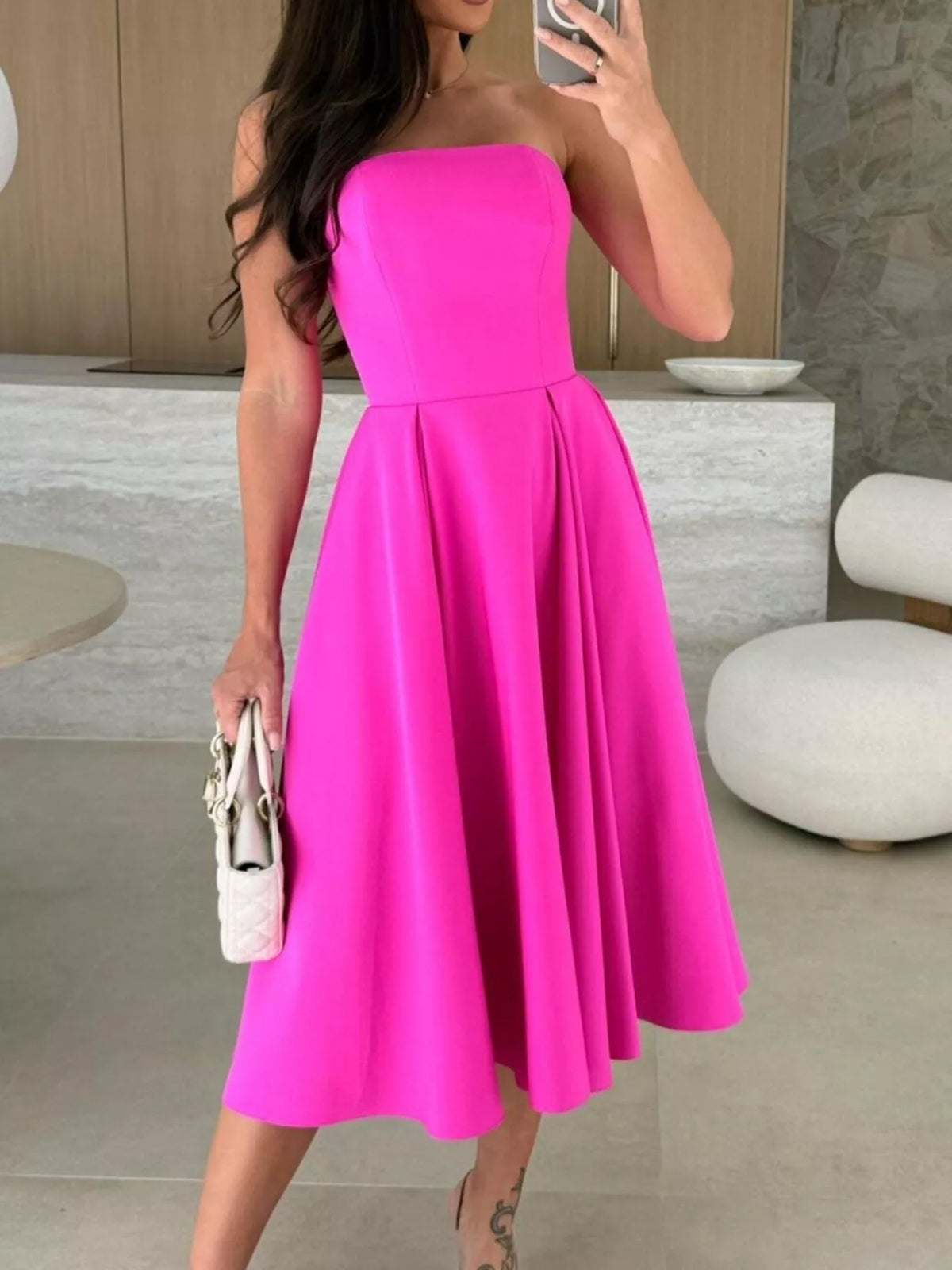 Strapless Ruched A-Line Midi Dress, view 8