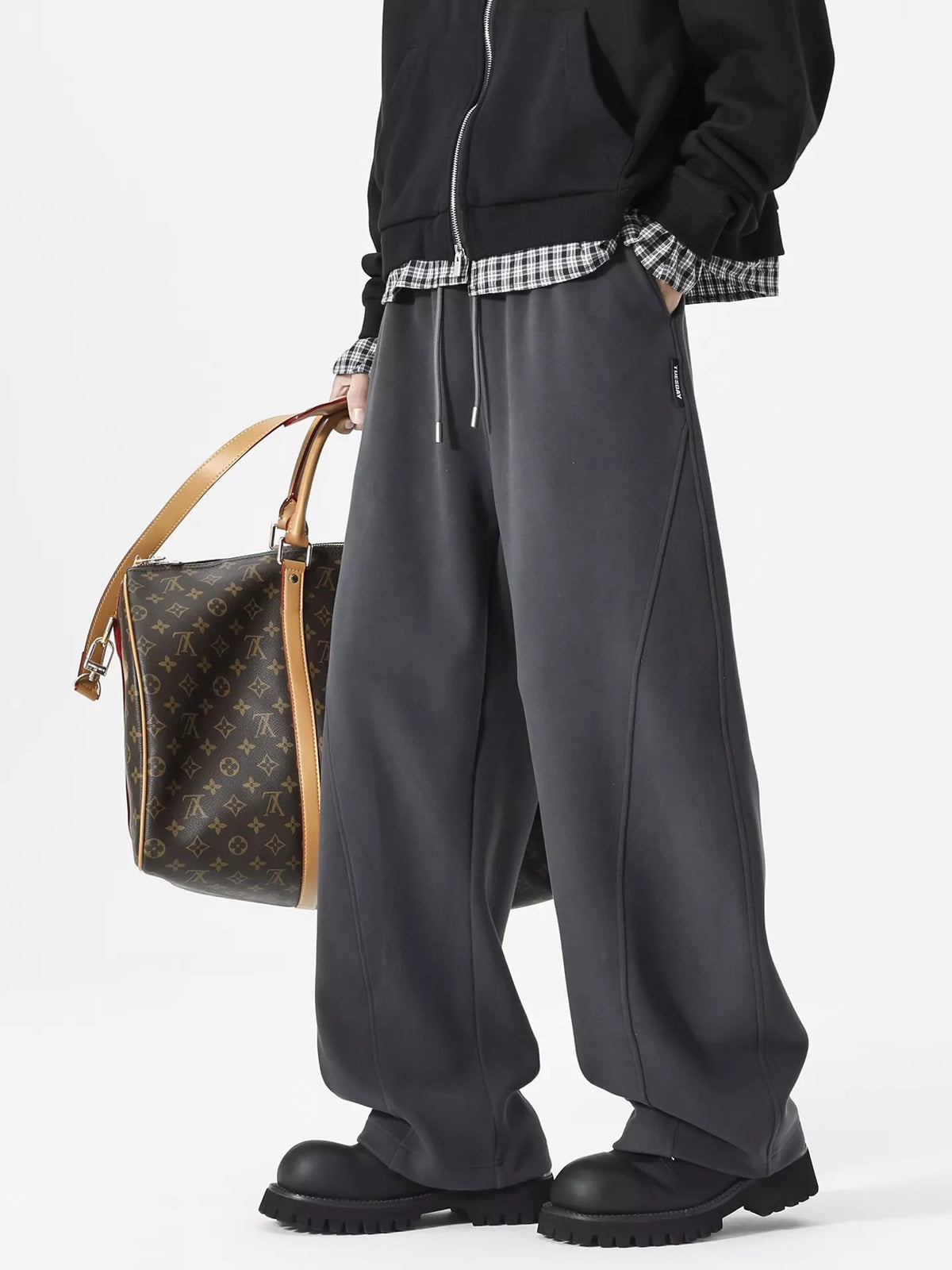 Men's Plus Size Wide Leg Casual Drawstring Pants in Gray