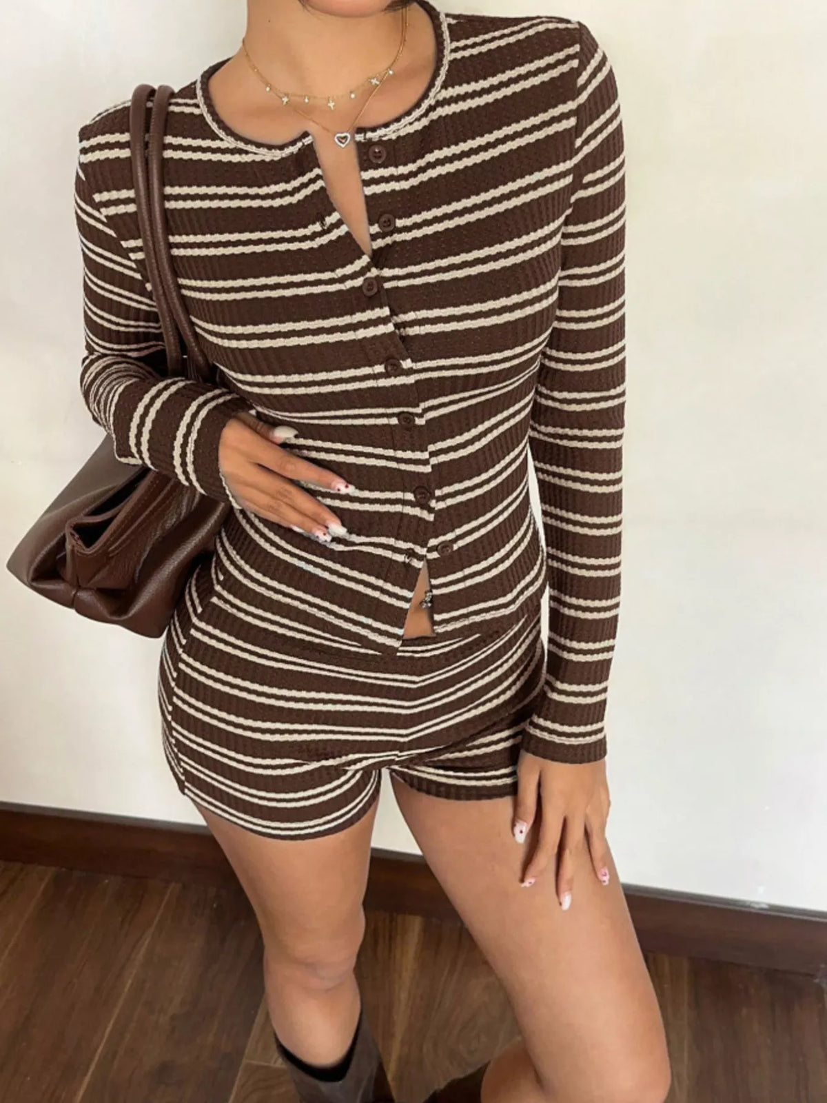 Striped Button-Down Cardigan and Shorts Set, view 10