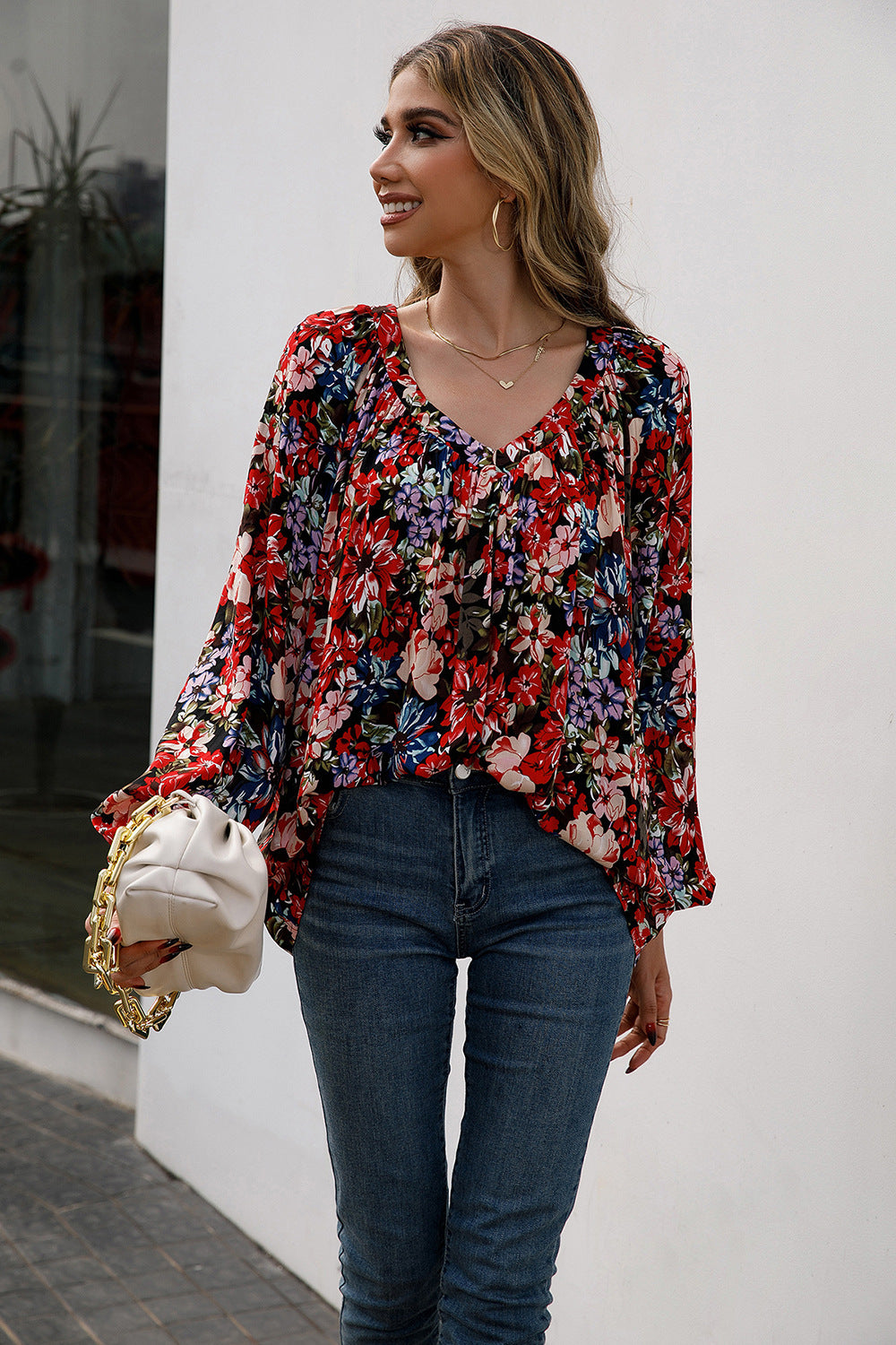 Ivy Lane Floral Print Balloon Sleeve Ruched Blouse in Red, view 3