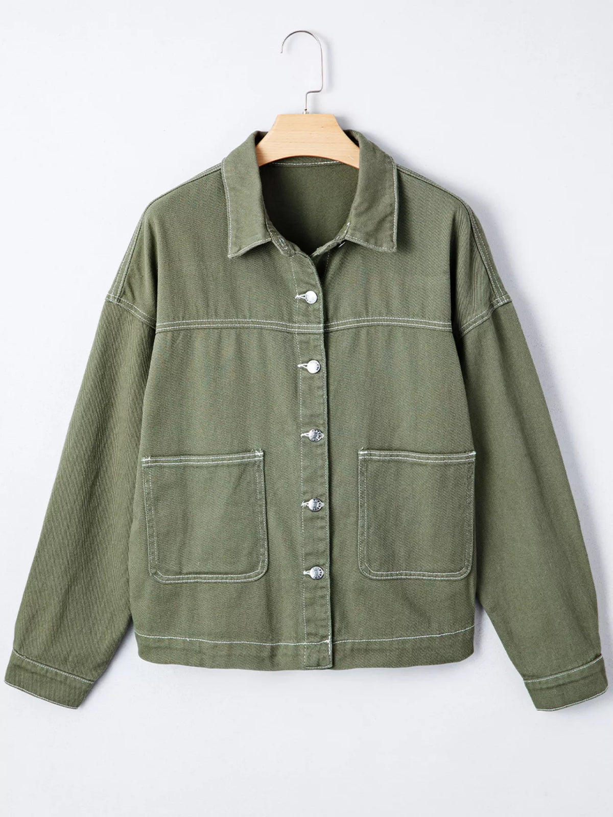 Patched Pocket Collared Button Front Boyfriend Denim Jacket in Moss, view 6