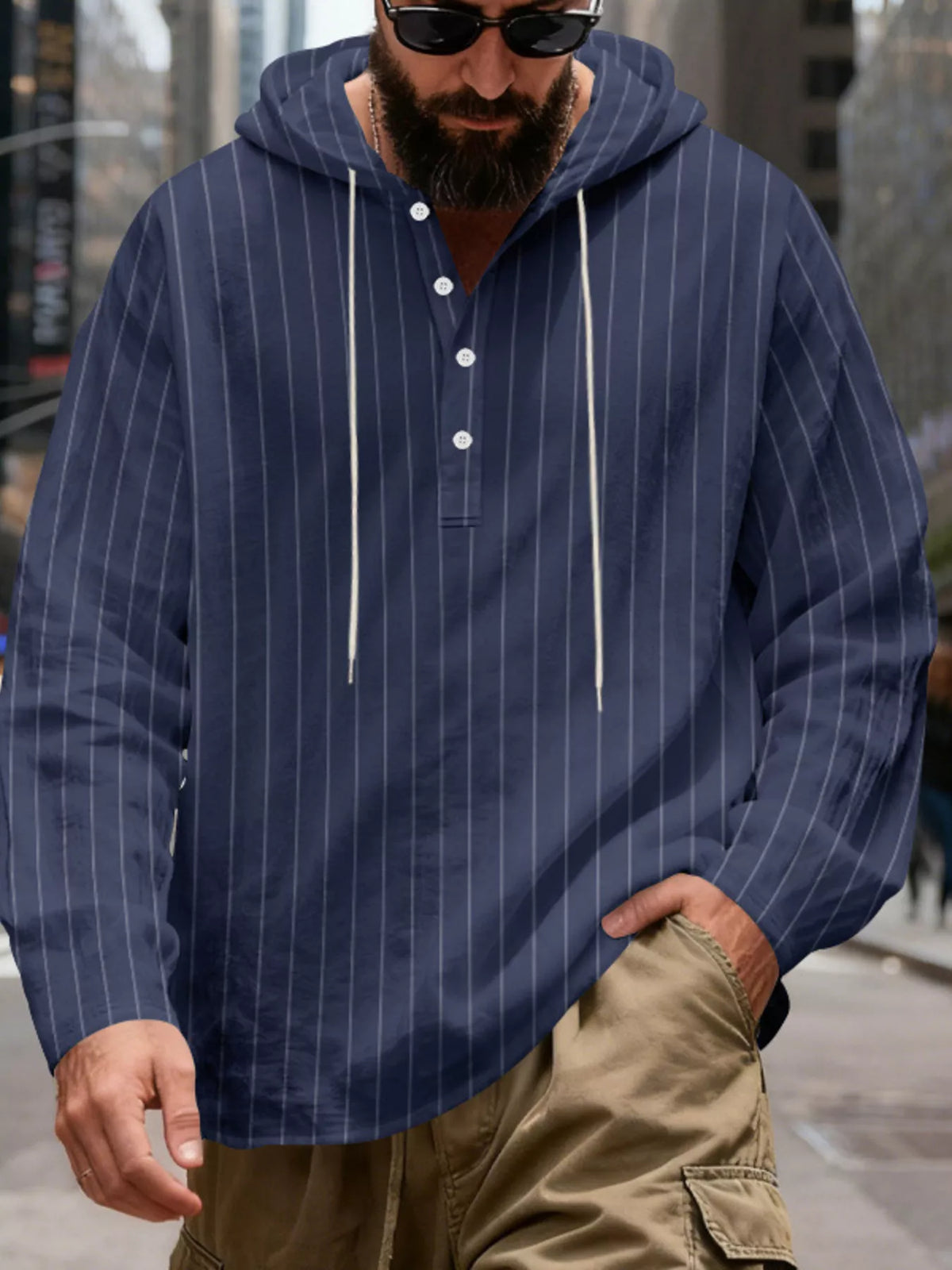 Men's Full Size Casual Striped Henley Hoodie with Drawstring Plus Size in Navy Blue