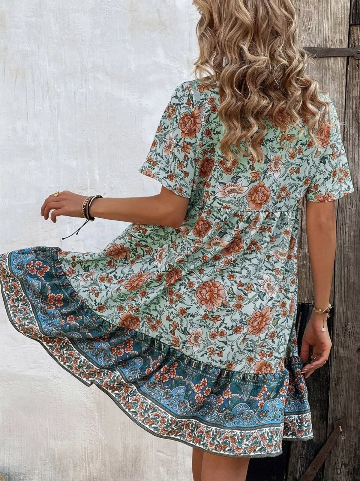 Floral Print Tie-Neck Ruffle Hem Mini Dress, view 3