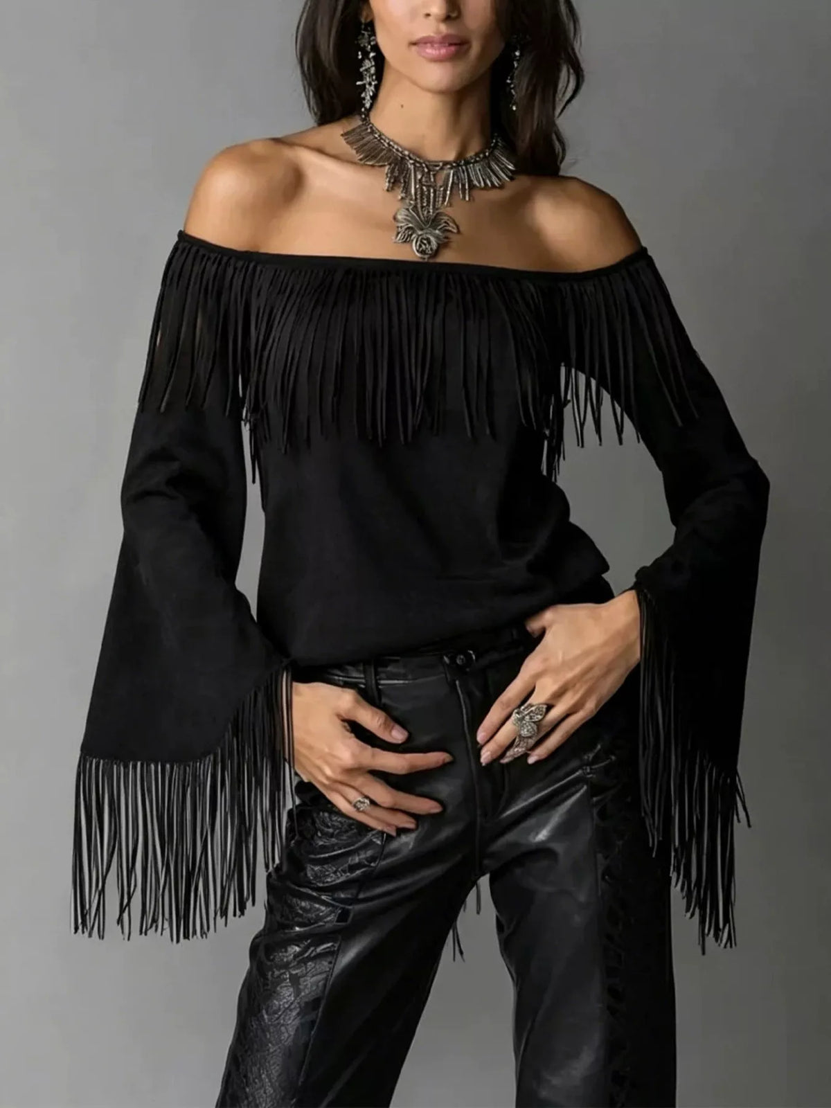Full Size Fringed Off-Shoulder T-Shirt Plus Size