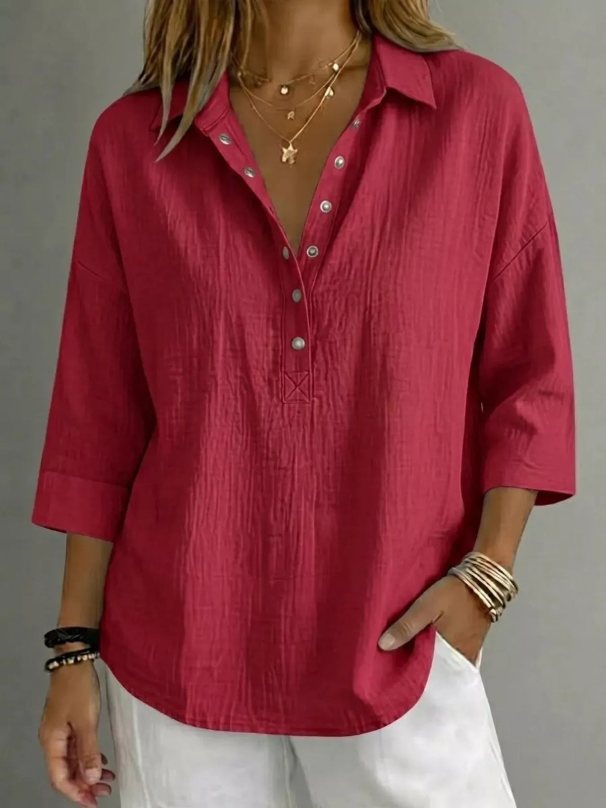 Full Size Snap Down 3/4 Sleeves Blouse Plus Size - Lilixa.store