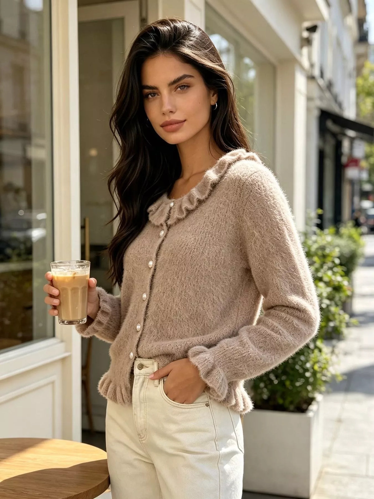 Soft Fuzzy Cardigan with Ruffled Collar and Pearl Buttons, view 18