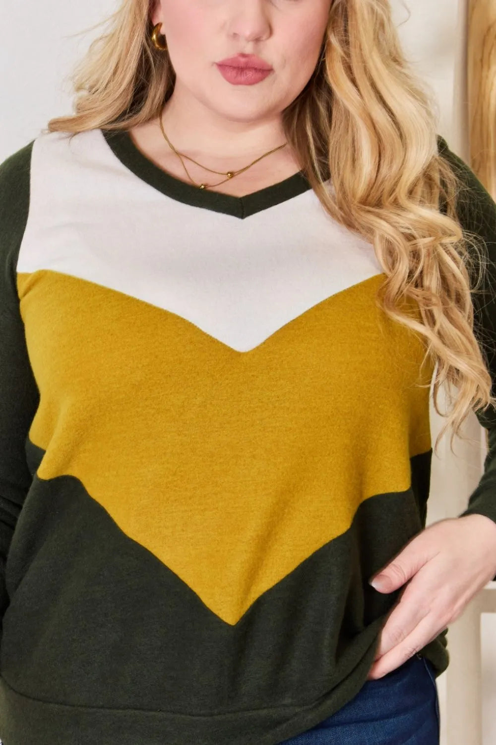 Hailey & Co Full Size Colorblock V-Neck Blouse - Lilixa.store
