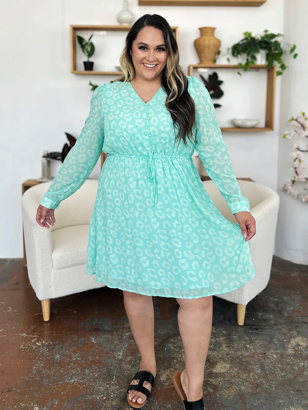 Double Take Full Size Printed Ruched V-Neck Long Sleeve Dress - Lilixa.store