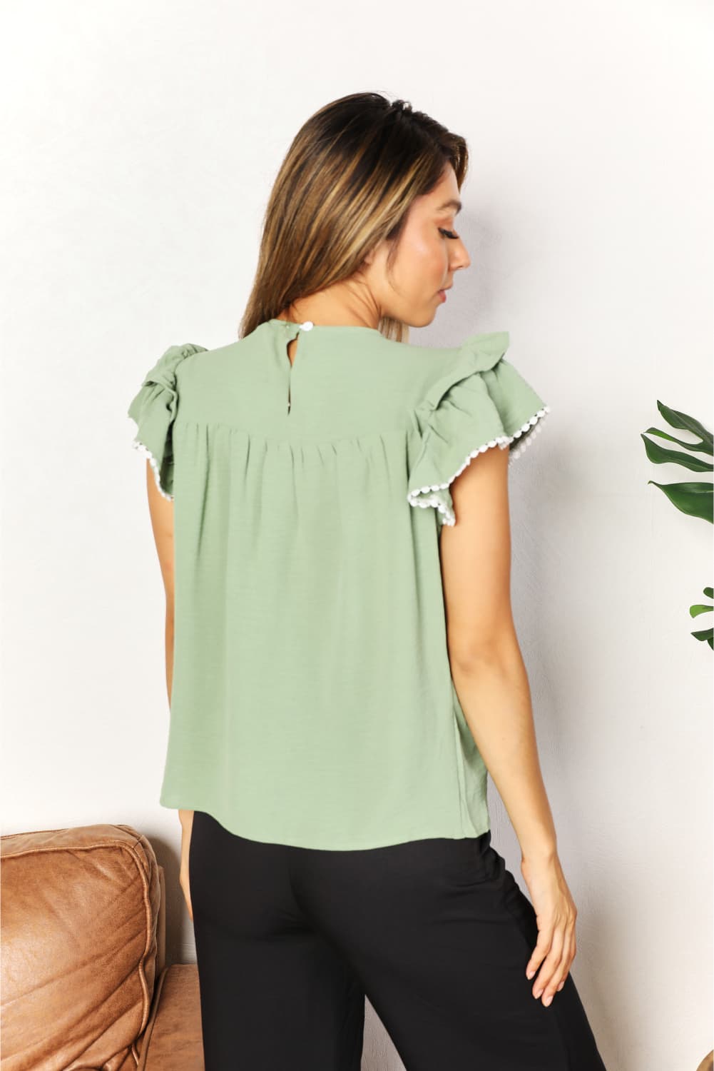 Perfee Pleated Detail Flutter Sleeve Blouse in Light Green, view 2