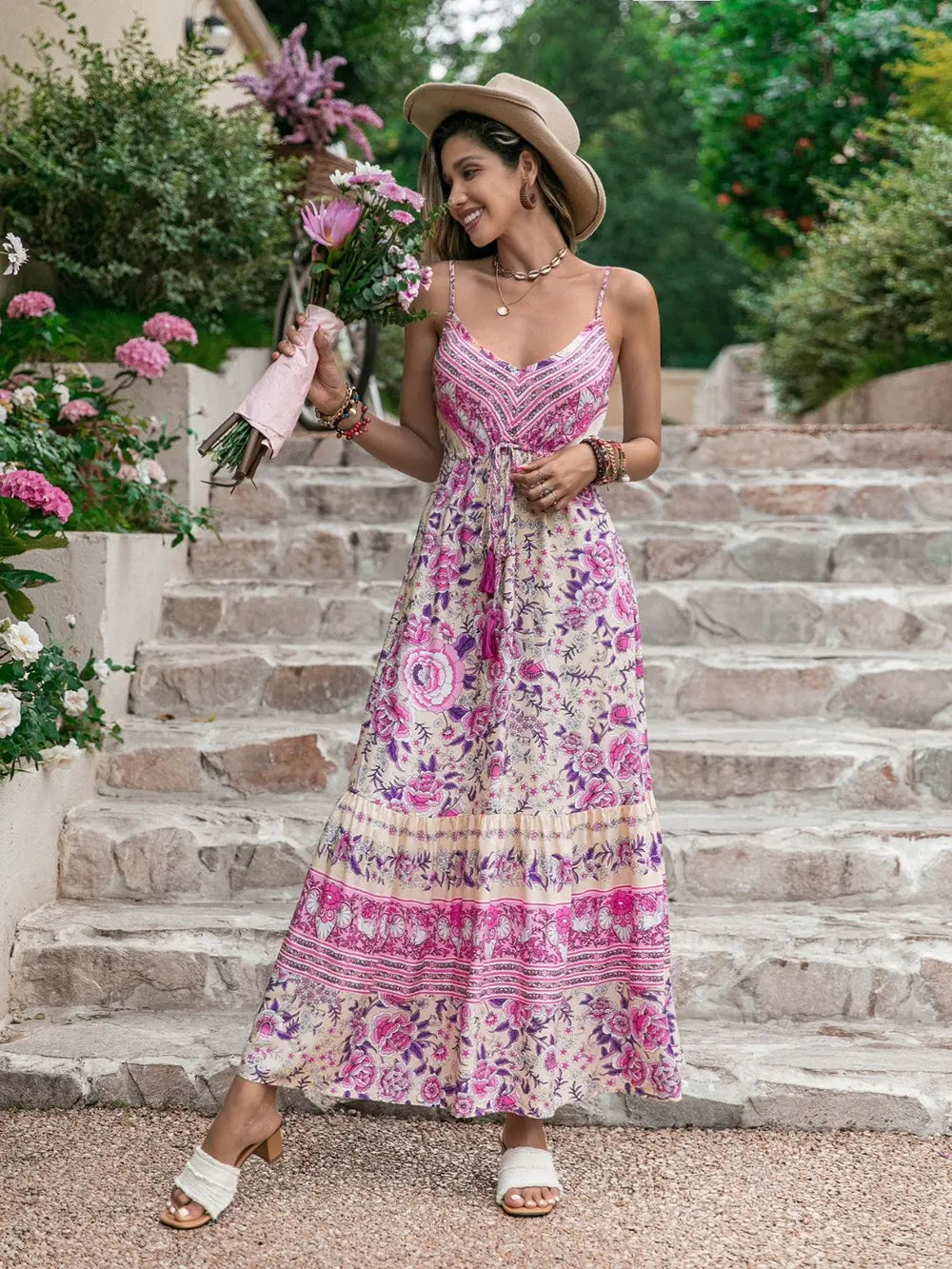 Tassel Printed V-Neck Maxi Dress - Lilixa.store