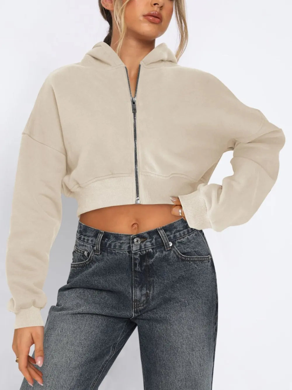 Zip Up Long Sleeve Hooded Cropped Jacket in Khaki
