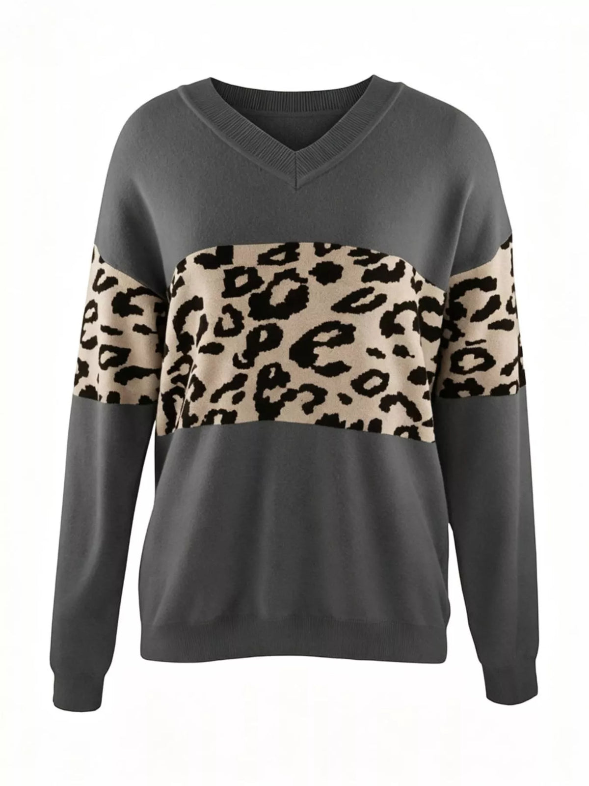 Leopard V-Neck Dropped Shoulder Sweater