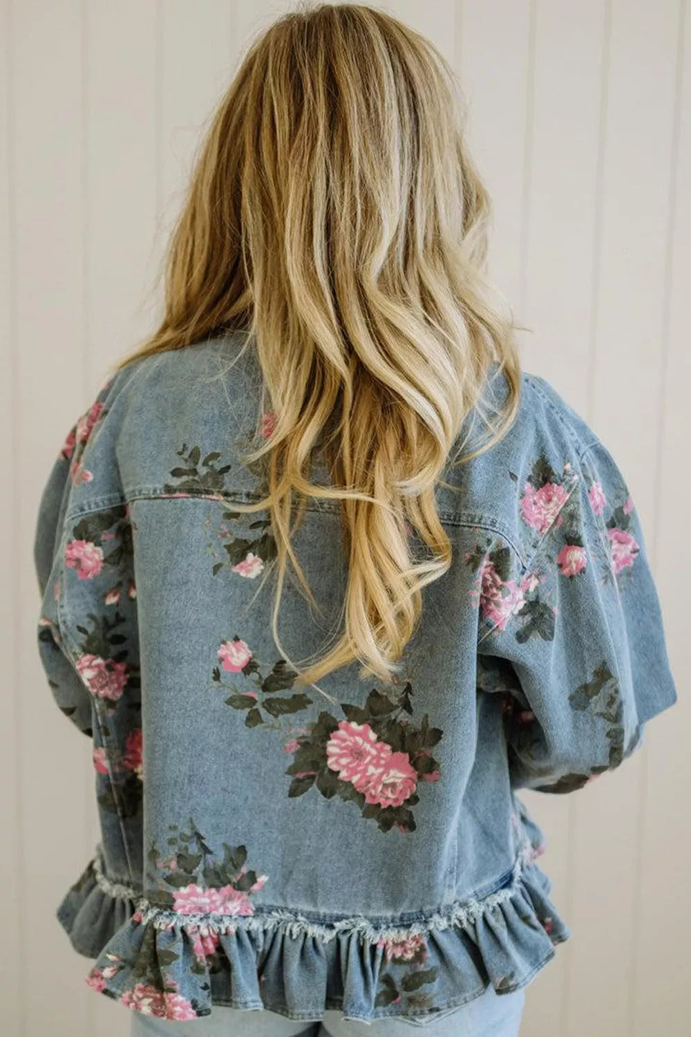 Floral Print Denim Jacket with Ruffled Hem in Light Blue, view 2