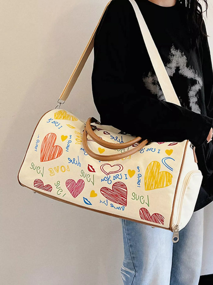 Printed Duffel Bag with Adjustable Strap in Off-white
