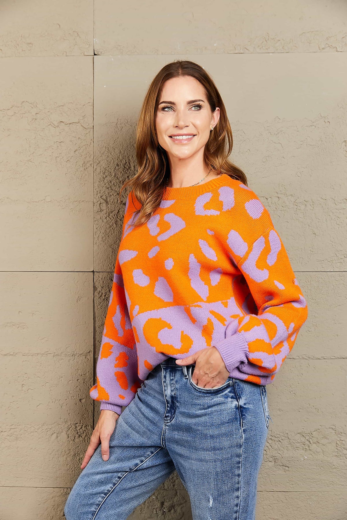Angel Wings Woven Right Leopard Round Neck Dropped Shoulder Sweater, view 3