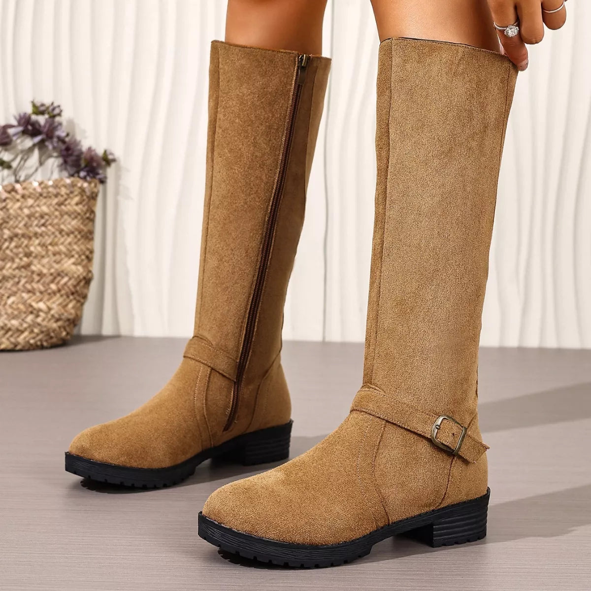 Knee-High Suede Buckle Accent Boots - Lilixa.store