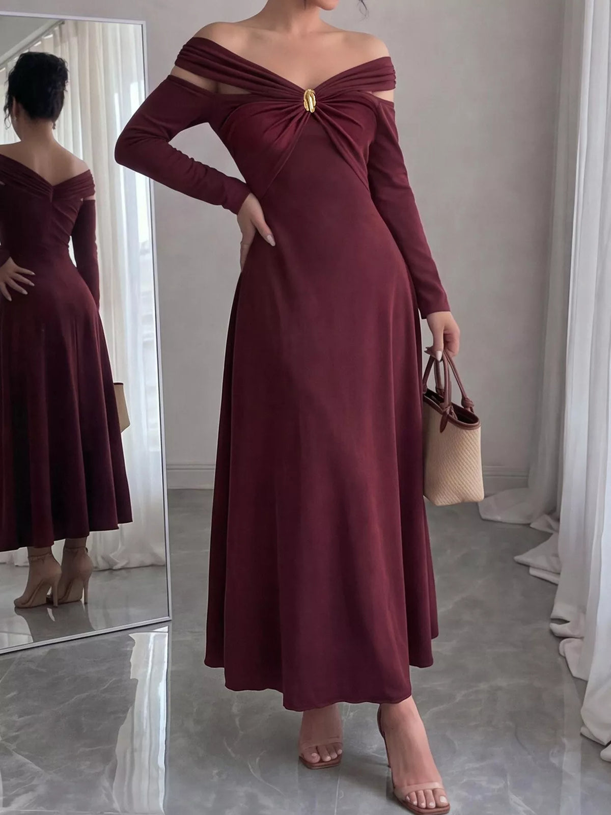 Off-Shoulder Long-Sleeve Maxi Dress - Lilixa.store