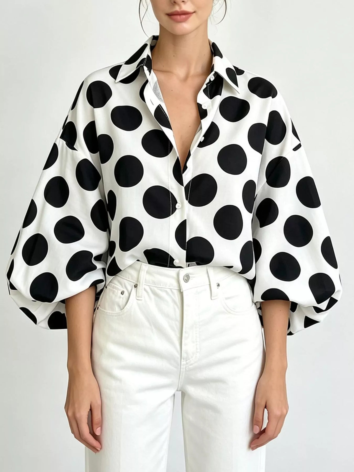 Polka Dot Puff Sleeve Shirt in Black