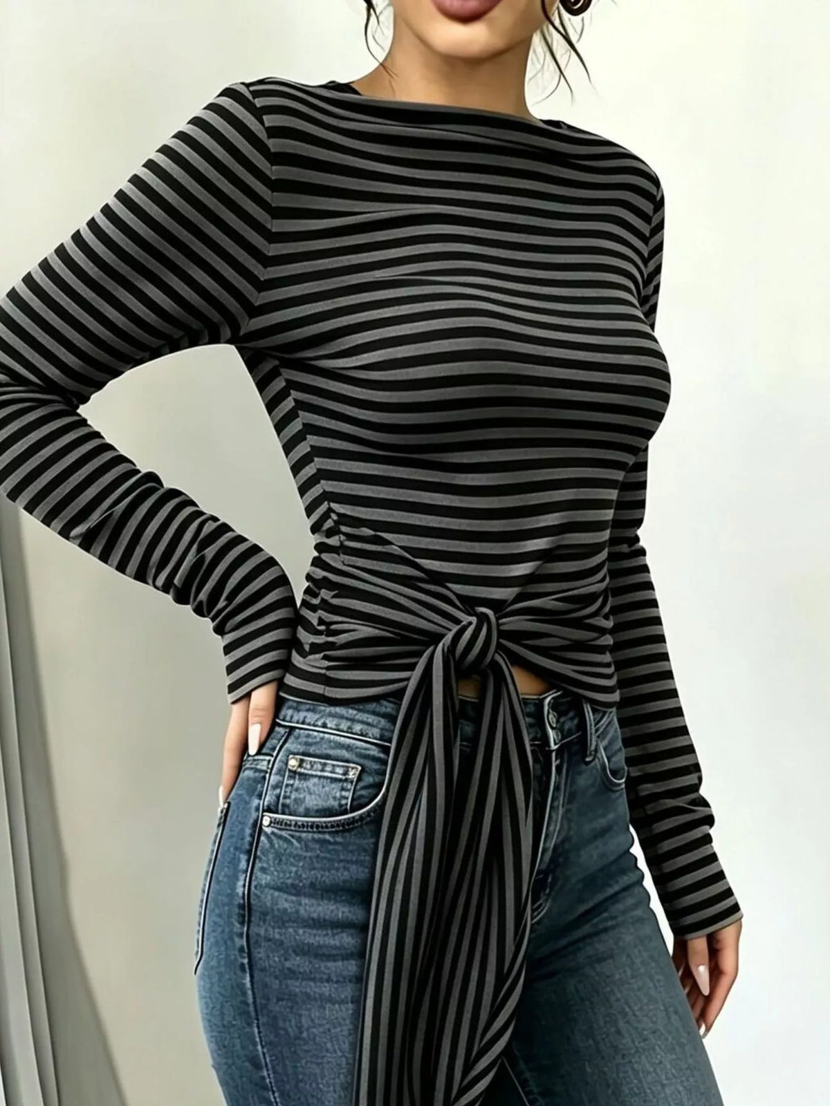 Long Sleeve Striped T-Shirt with Front Tie Detail, view 2