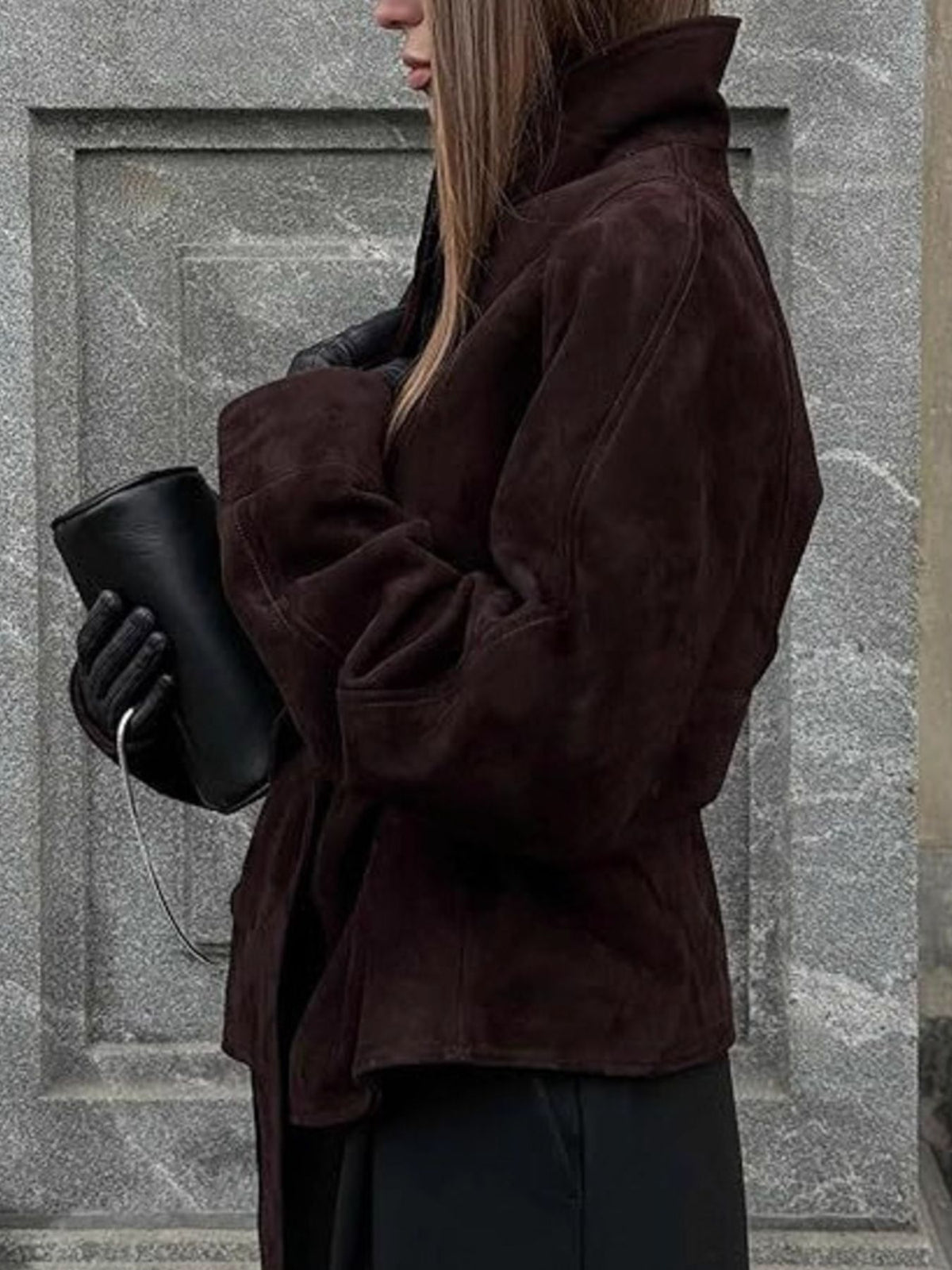 Tie Waist Vintage Style Jacket in Dark Brown, view 2