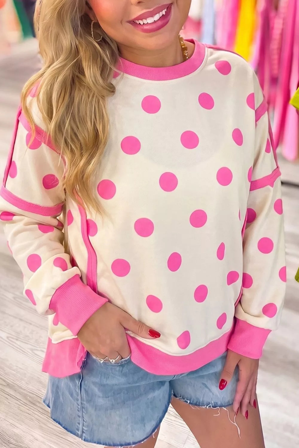 Polka Dot Crew Neck Sweatshirt - Lilixa.store