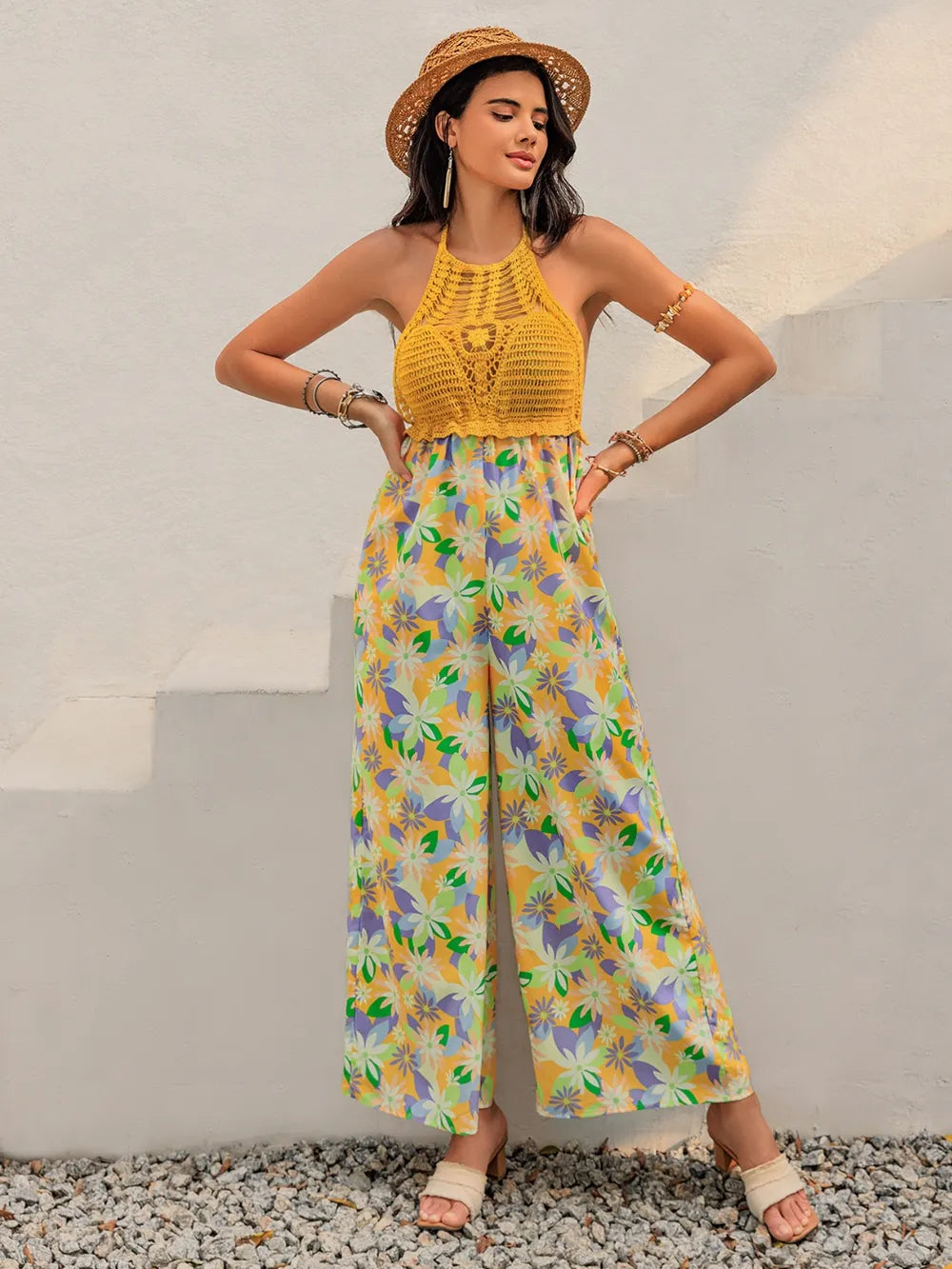 Openwork Halter Neck Floral Wide Leg Jumpsuit - Lilixa.store