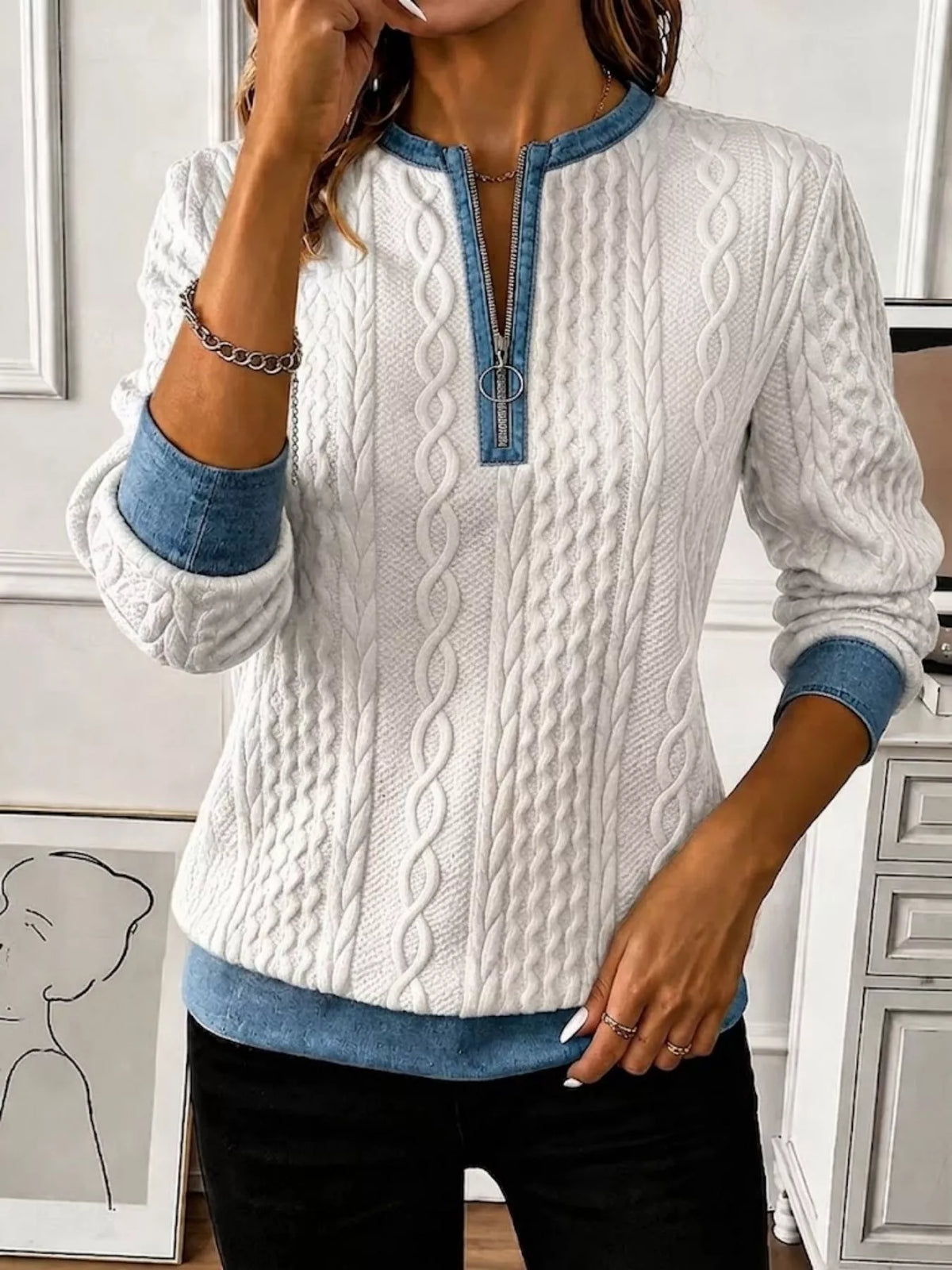 Full Size Denim Contrast Trim Quarter Zip Texture Sweatshirt Plus Size - Lilixa.store