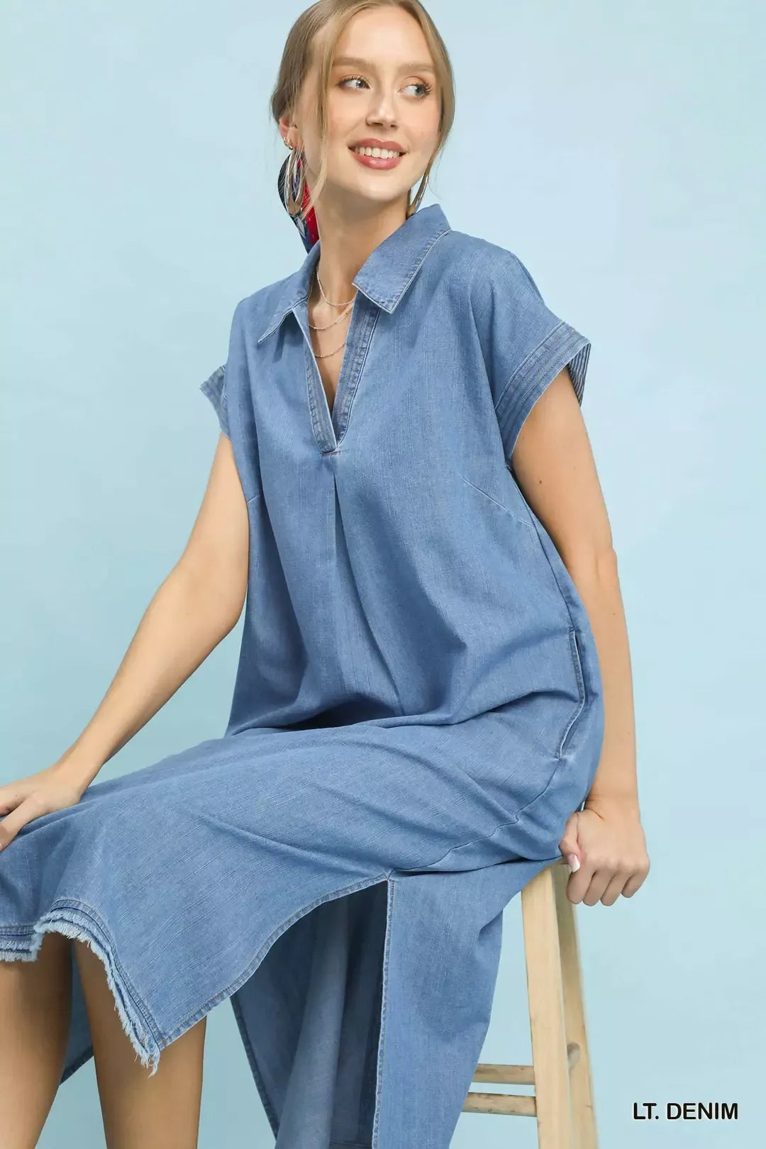 Umgee Stone Washed Collared Denim Midi Dress - Lilixa.store