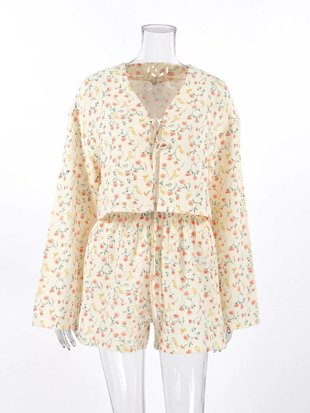 Floral Print Crinkle Texture Tie-Front Top and Shorts Set - Lilixa.store