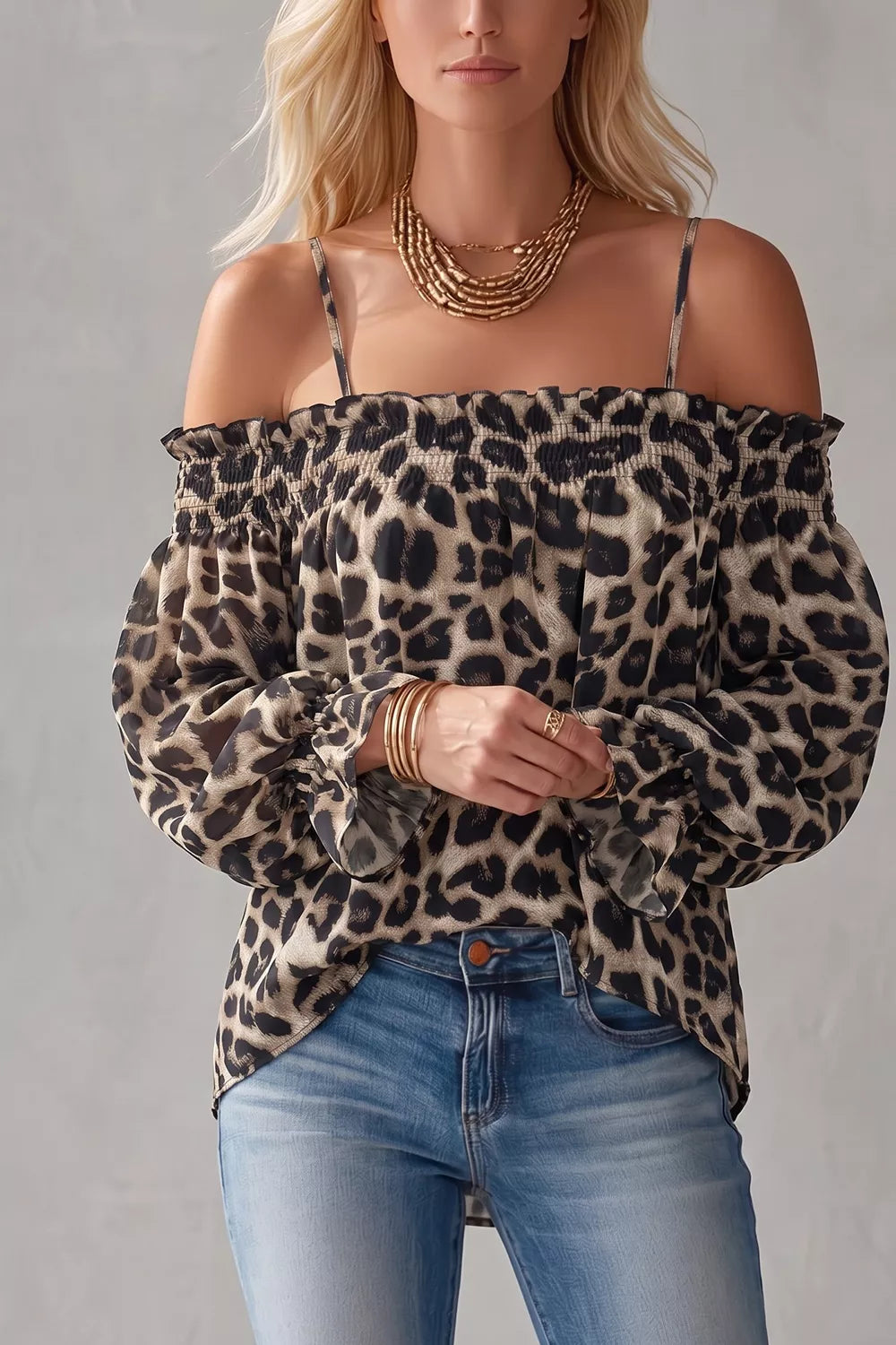 Spaghetti Strap Leopard Long Sleeve Blouse, view 4