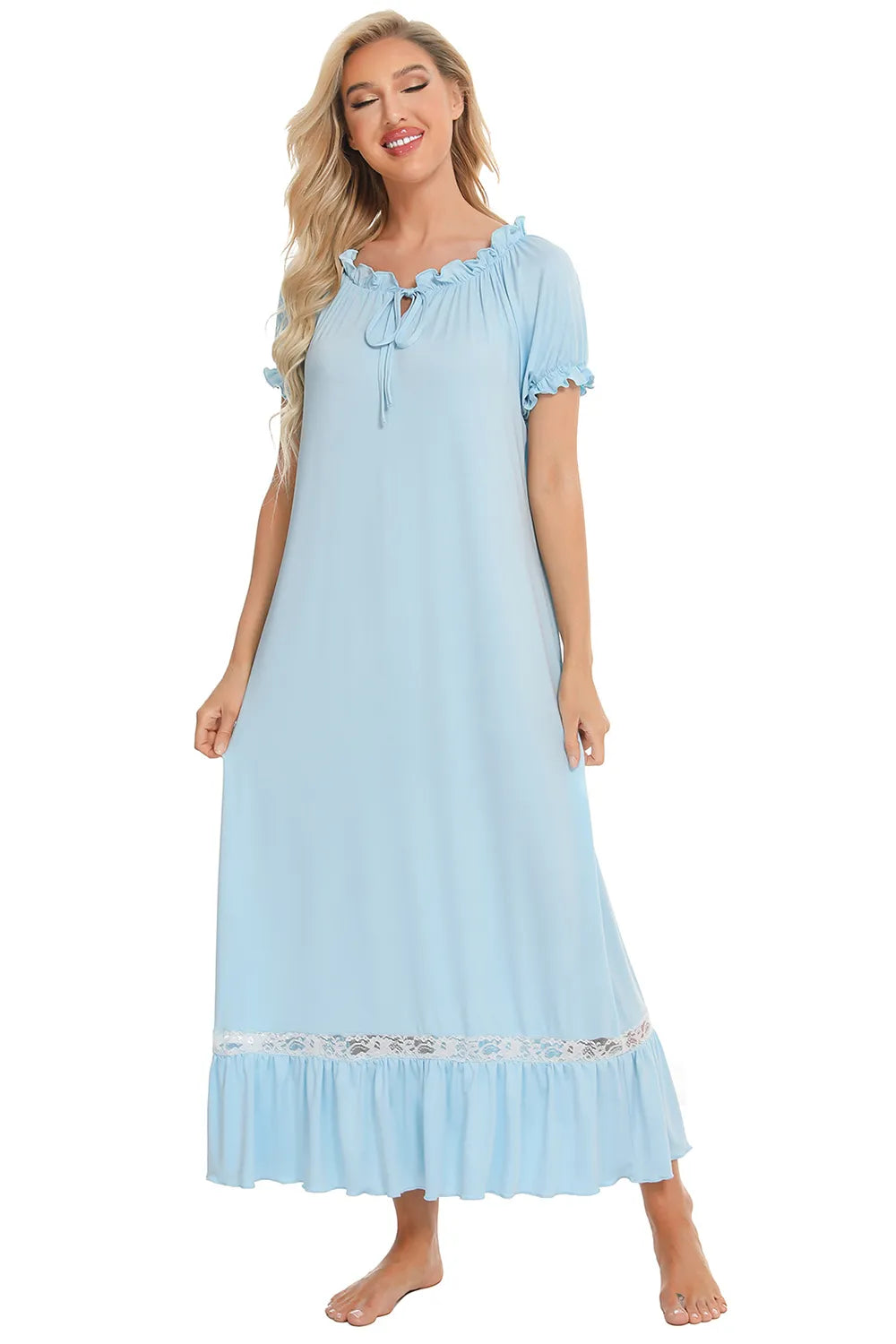 Lace Detail Short Sleeve Lounge Dress - Lilixa.store