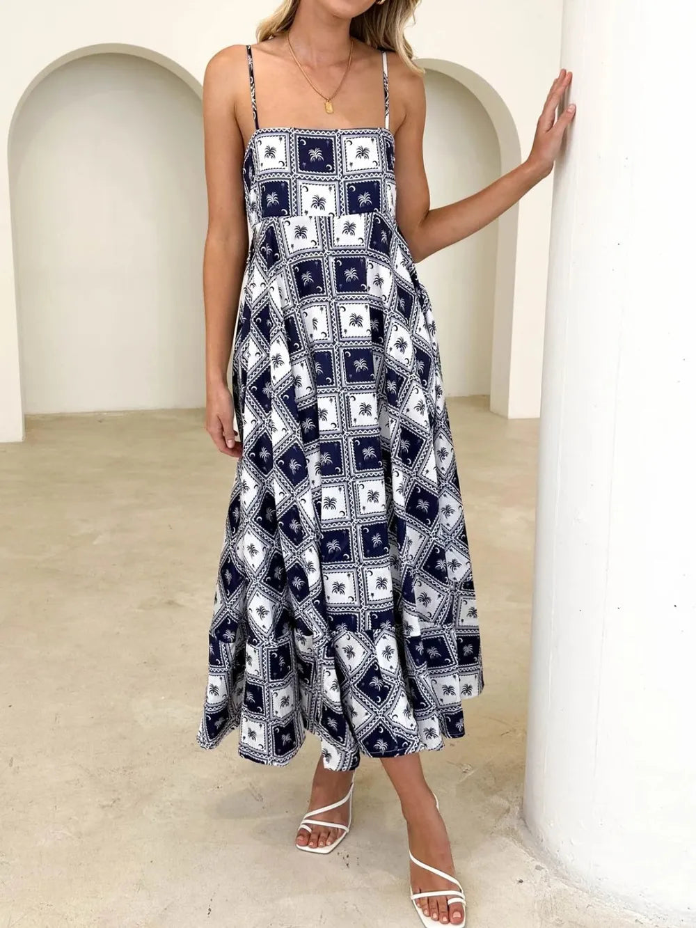 Printed Square Neck Midi Cami Dress - Lilixa.store