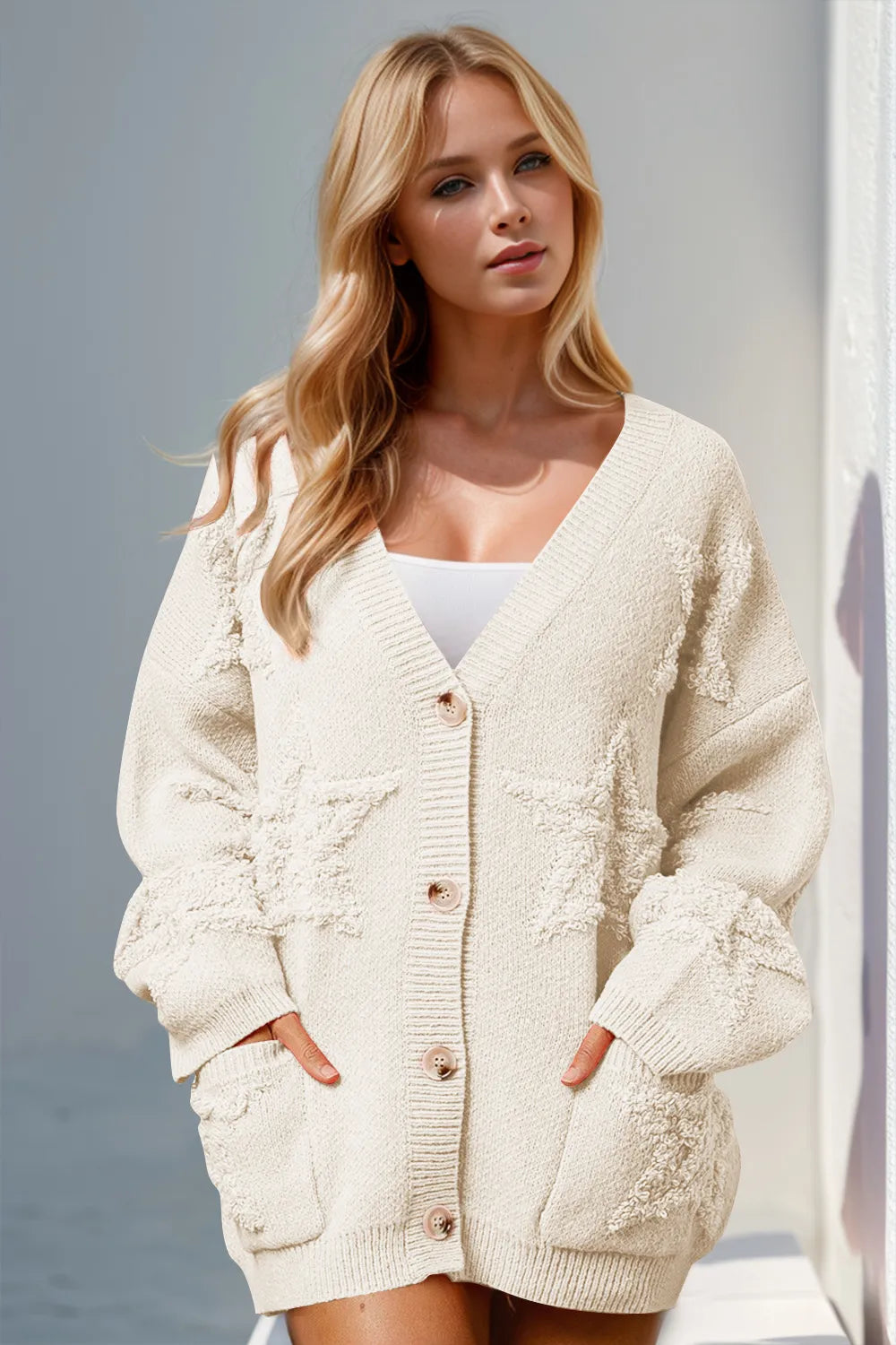 Double Take Full Size Button Up Star Pattern Cardigan in Beige