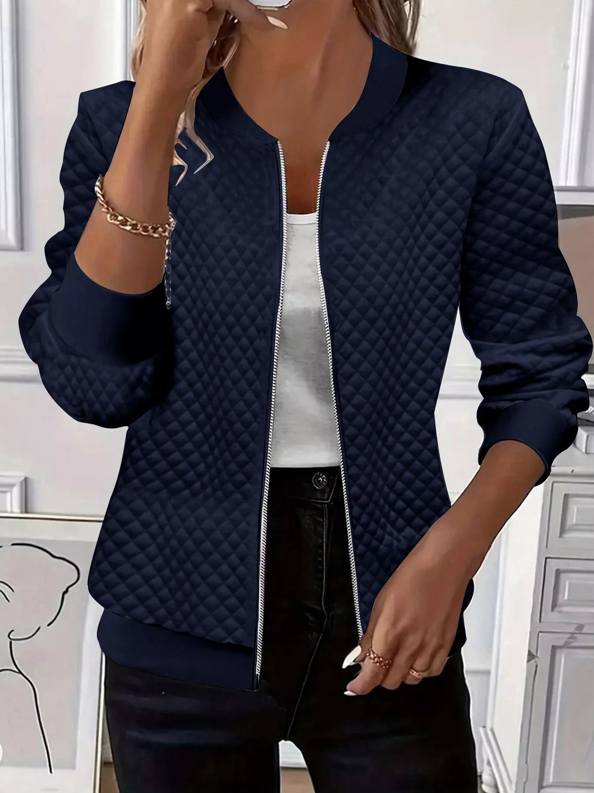 Textured Zip Up Long Sleeve Jacket in Dark Navy