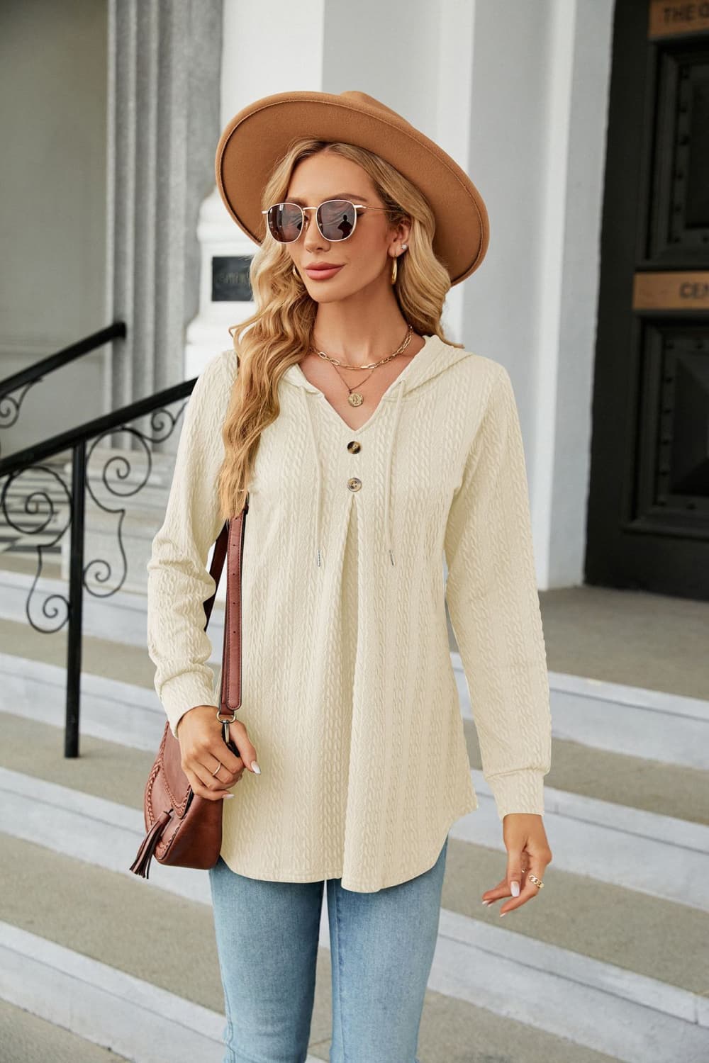 Long Sleeve Hooded Blouse in Ivory