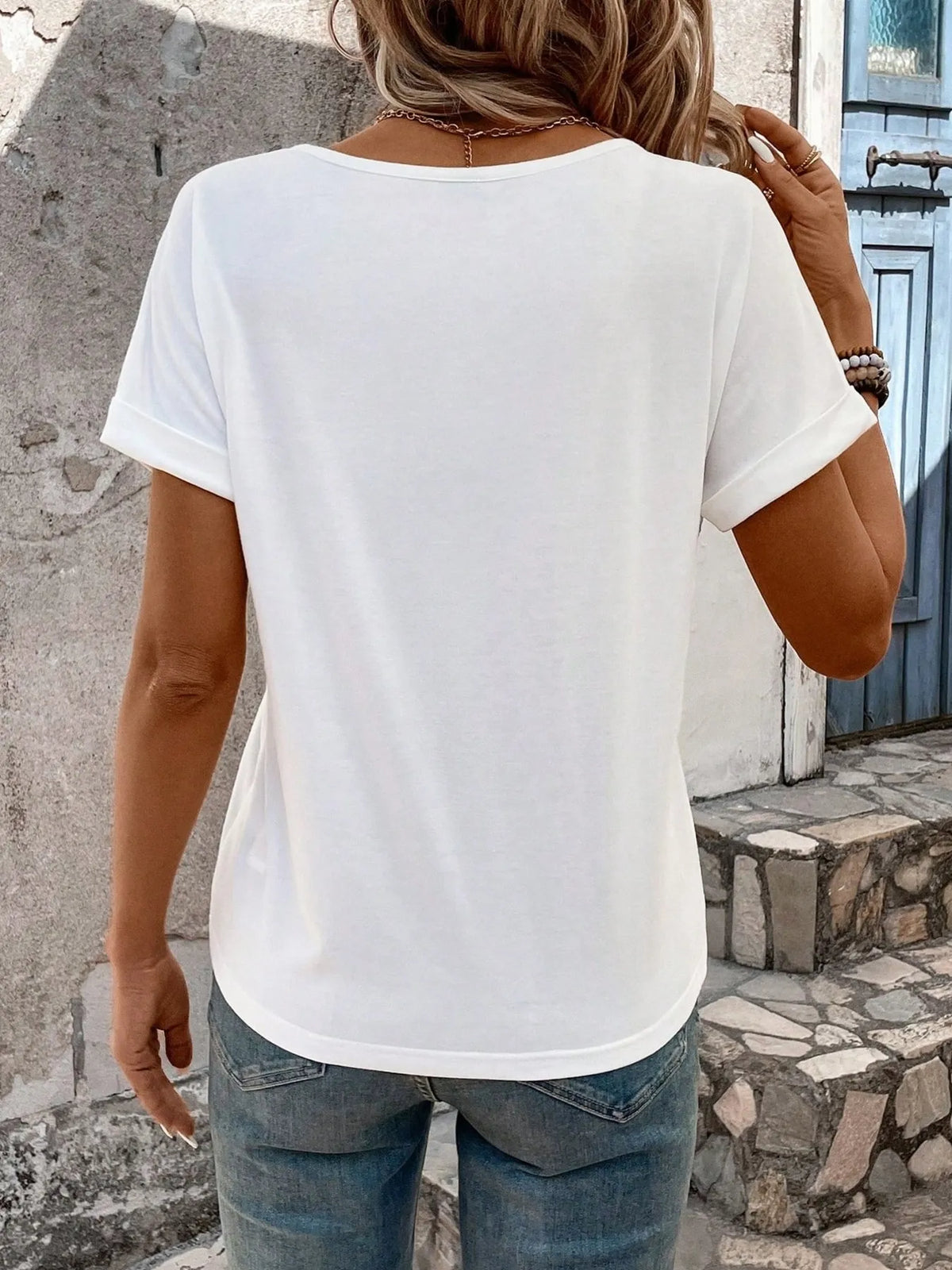Triple Strap V-Neck Short Sleeve T-Shirt in White, view 2