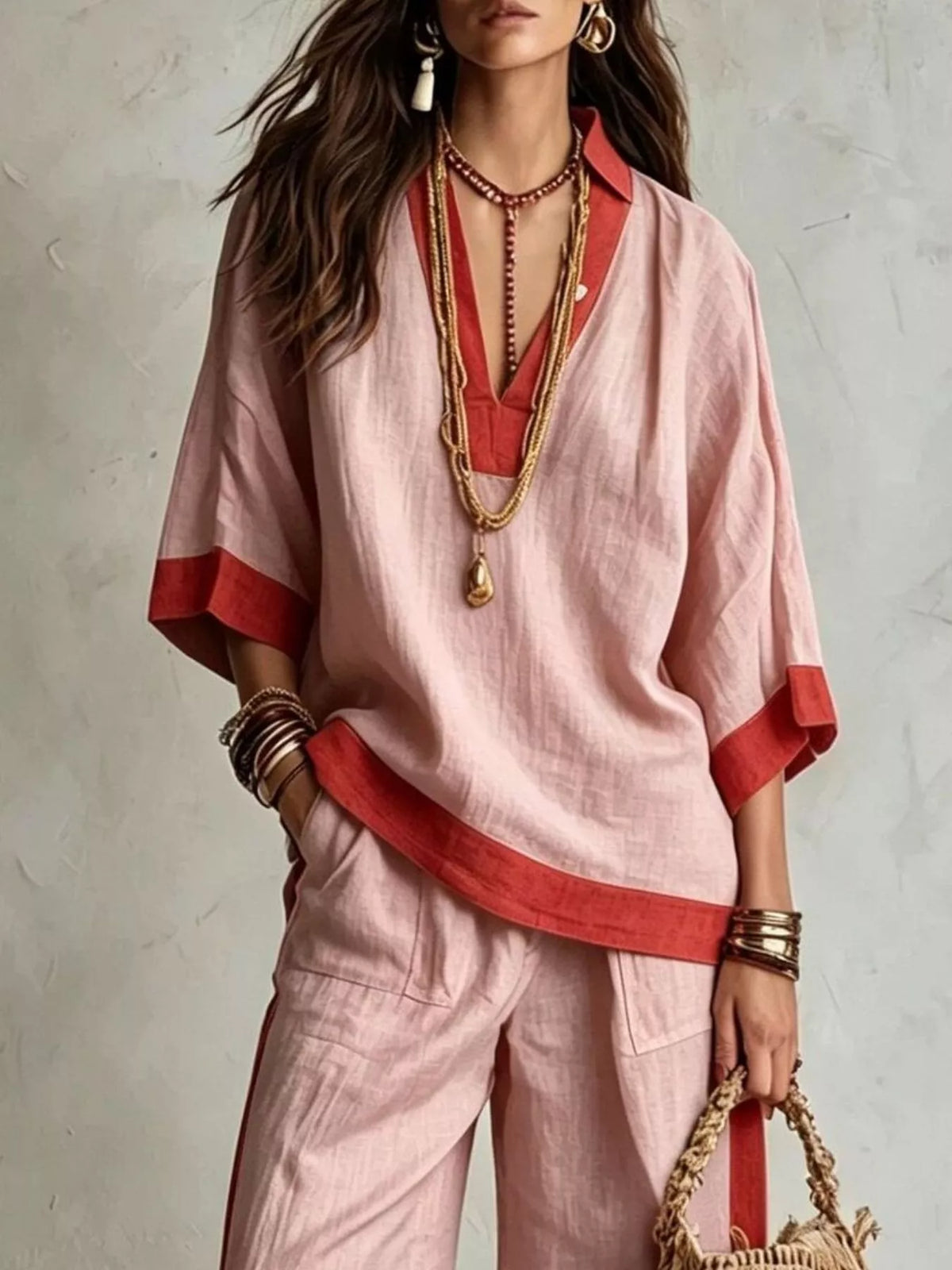 Full Size Contrast Trim Top and Wide Leg Pants Set Plus Size