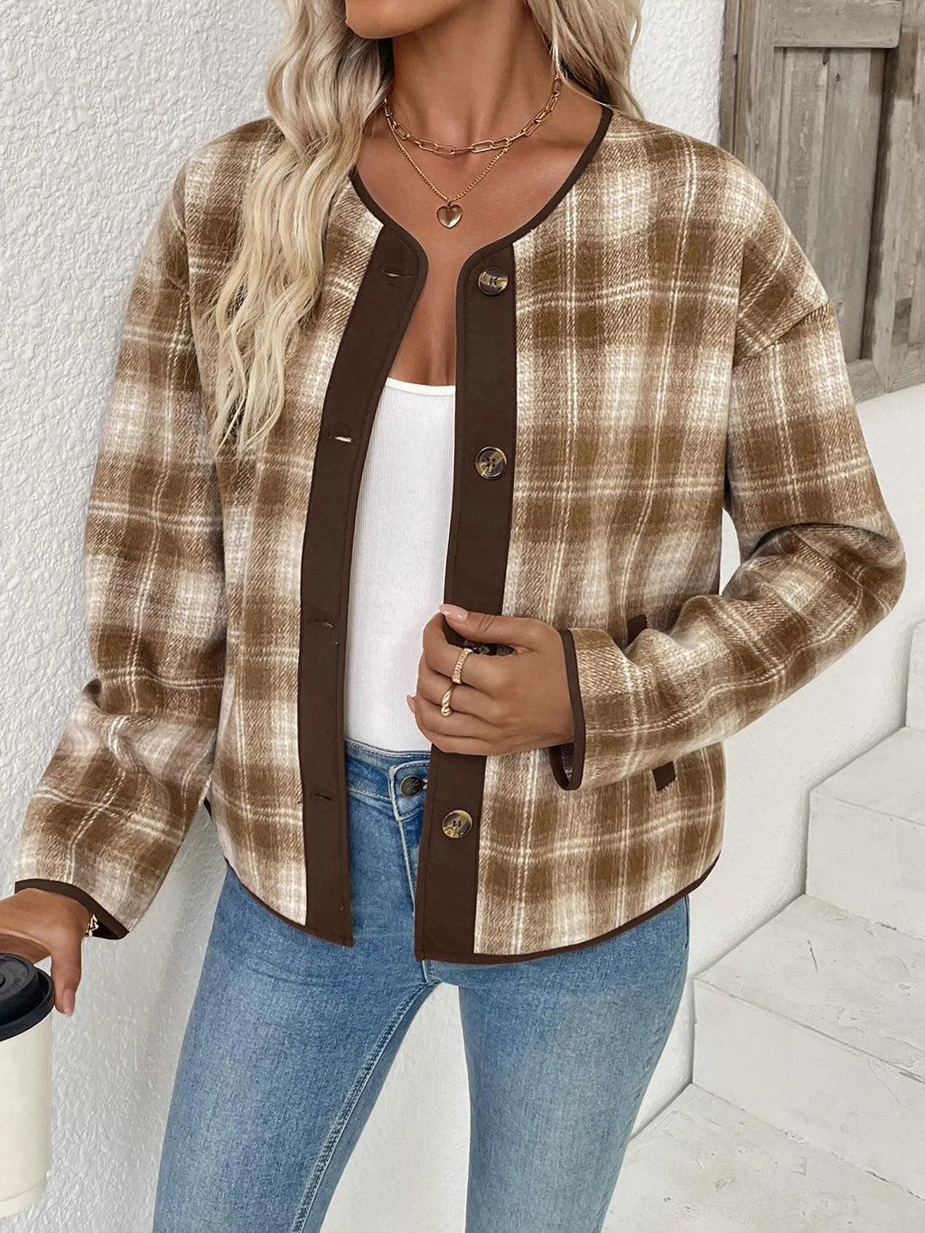 Plaid Long Sleeve Button-Up Jacket - Lilixa.store