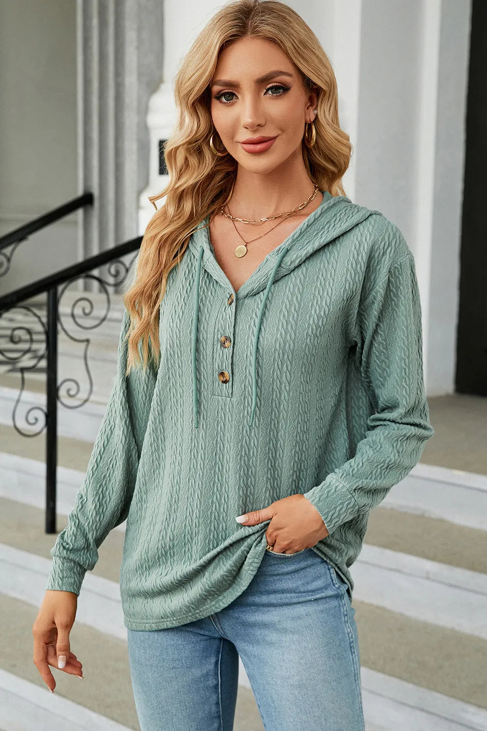 Drawstring Half Button Long Sleeve Hoodie - Lilixa.store